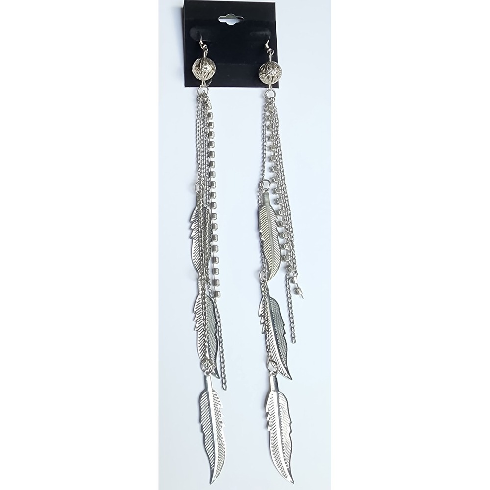 Dangle Feather Earrings Silver Tone - Picture 1 of 4